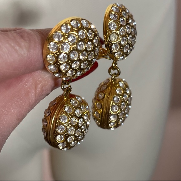Vintage 80 90 Retro Gold Maximalism Rhinestone Oversized Clip Earrings - Picture 12 of 15